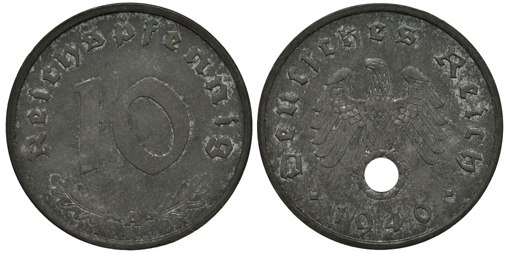 ГЕРМАНИЯ 10 РЕЙХСПФЕННИГОВ 1940 A, KM 101, J. 371 цинк UNC 413-3611