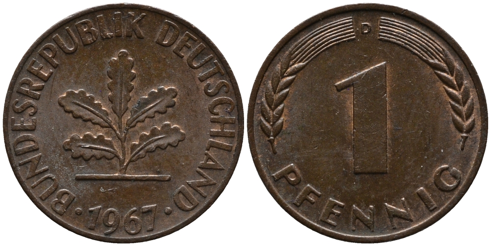 ФРГ 1 пфенниг 1967 D KM 105, J.380 сталь плакированная медью 99-263