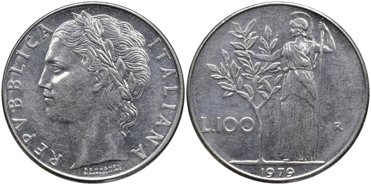 Италия 100 лир 1979 R, Афина в доспехах KM 96.1 нержавеющая сталь 4165-226