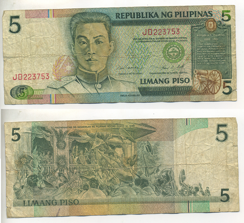 ФИЛИППИНЫ 5 ПЕСО 1995 КРАСНАЯ СЕРИЯ, ПОДПИСЬ 14 Pick 180 бумага 7222-68-2