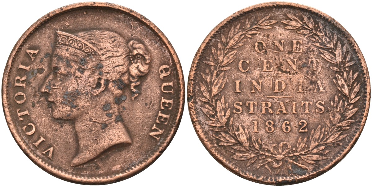 Стрейтс-Сетлментс 1 цент 1862 Виктория (1837-1901), Ост-Индская компания KM 6 медь 4590-242