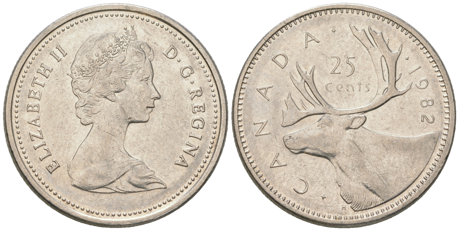 Канада 25 центов 1982 Елизавета II (1952-2022), олень карибу, второй портрет в короне KM 74 никель 4175-1137
