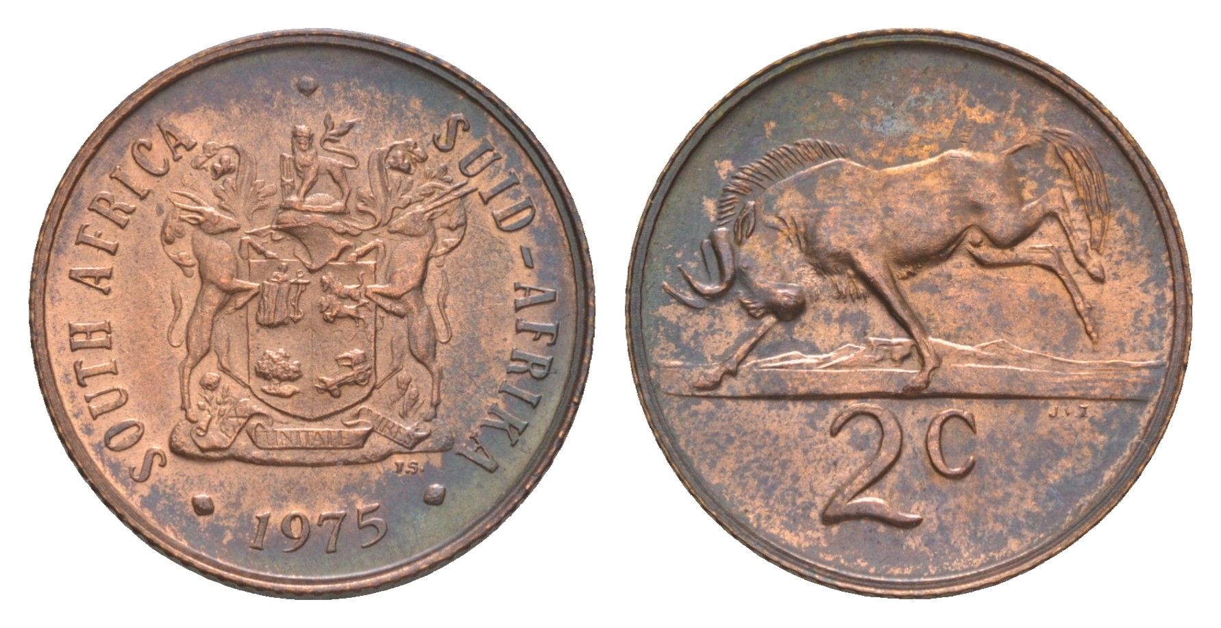 ЮАР 2 цента 1975 герб, антилопа гну KM 83 бронза UNC 4546-637