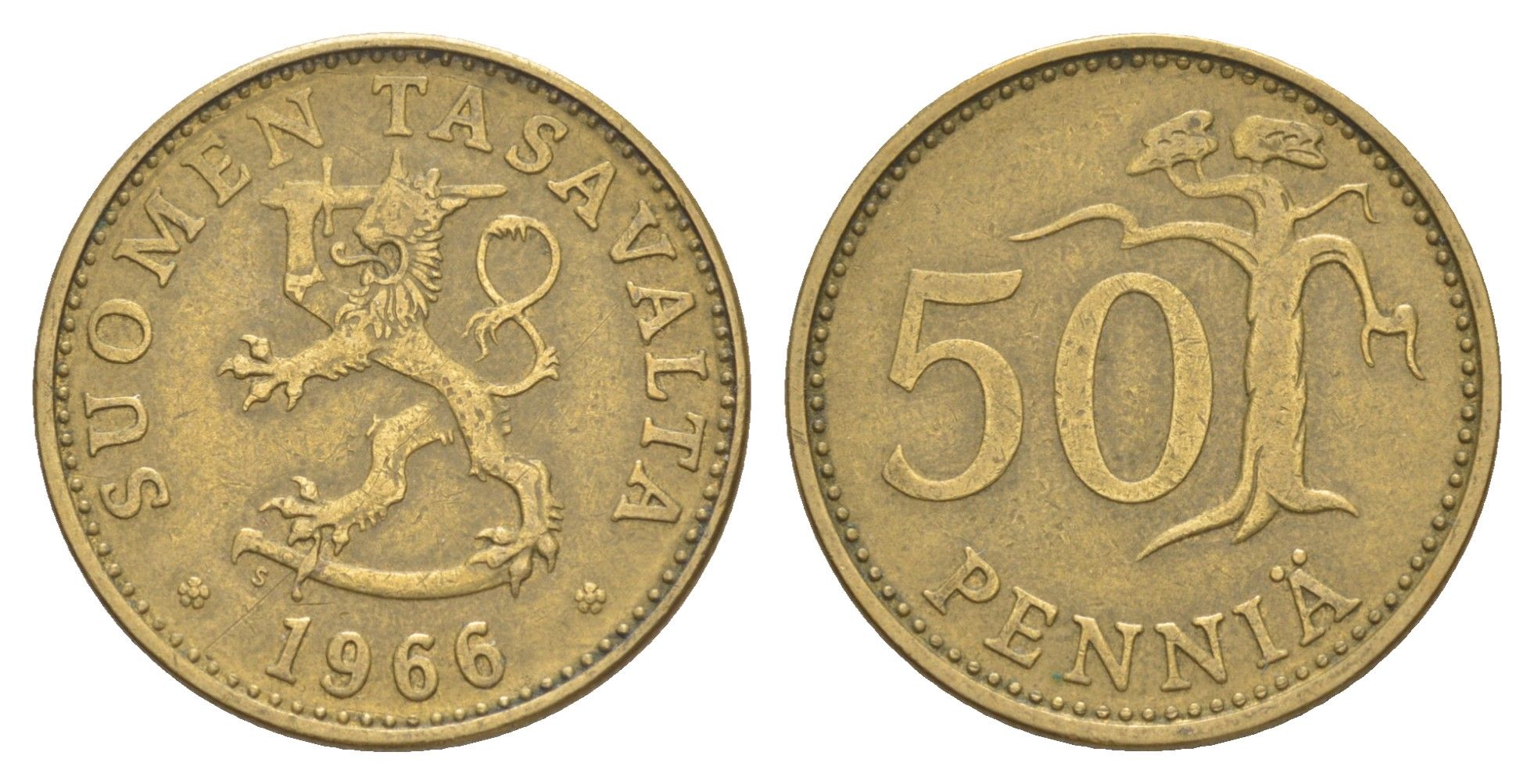 Финляндия 50 пенни 1966 KM 48 алюминиевая бронза 4648-445