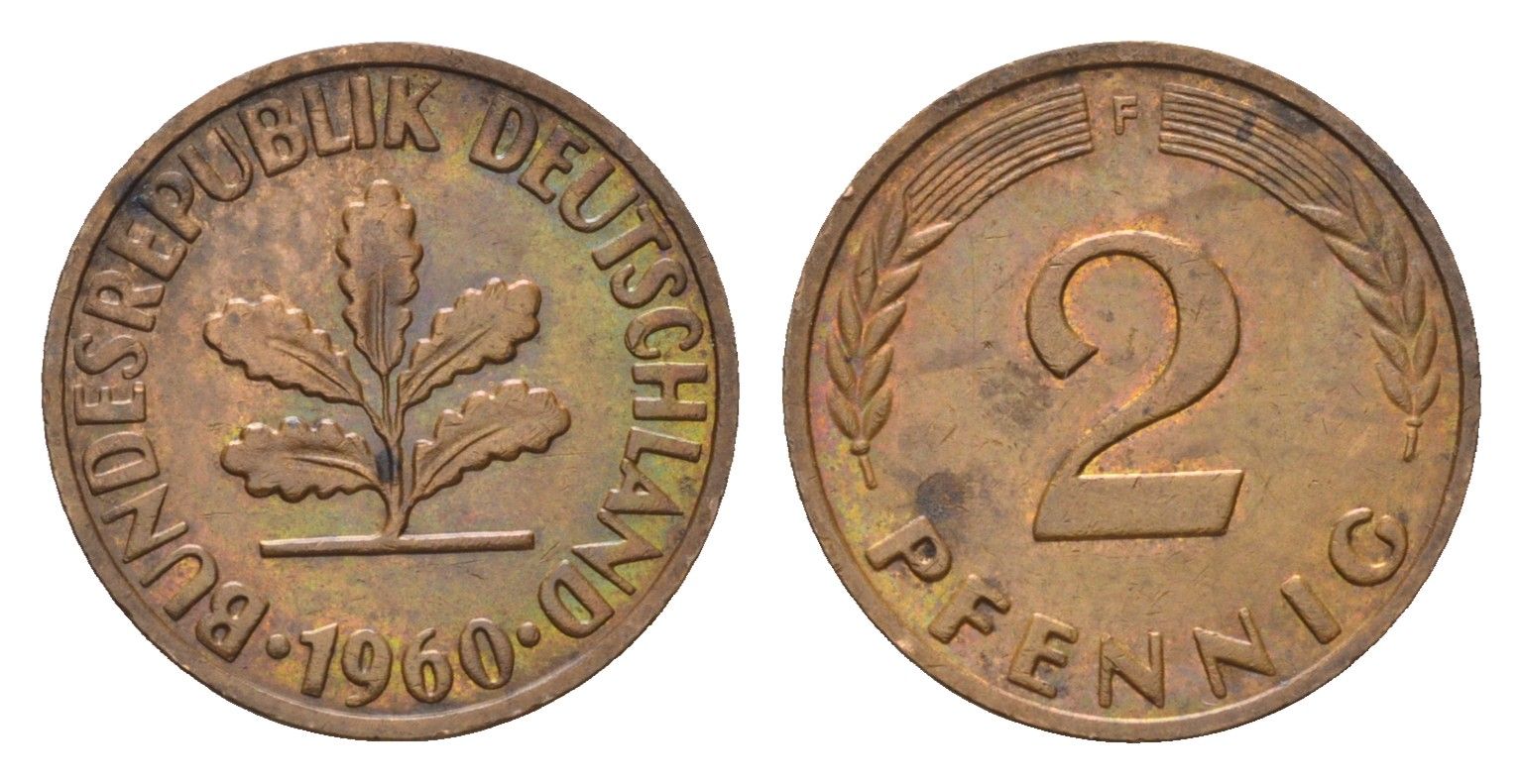 ФРГ 2 пфеннига 1960 F KM 106, J. 381 бронза 4532-1034