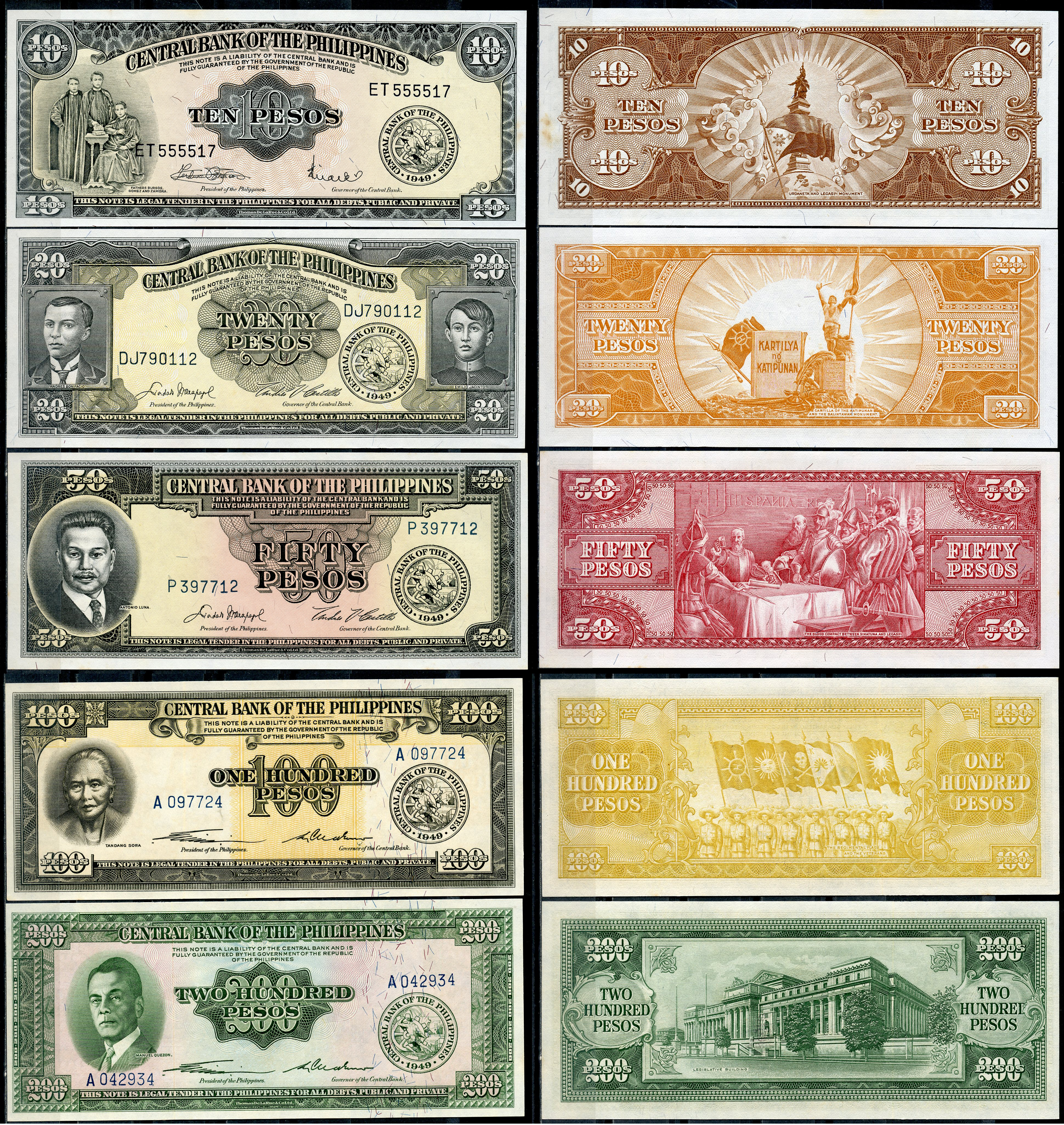 Филиппины 10, 20, 50, 100 и 200 песо ND (1949)  Pick 136 f, 137 d, 138 d, 139, 140  бумага  UNC (пресс) 451-1365-1
