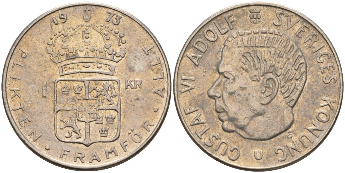 Швеция 1 крона 1973 U, Густав VI Адольф (1950-1973) KM 826a медь плакированный медно-никелем 4150-344