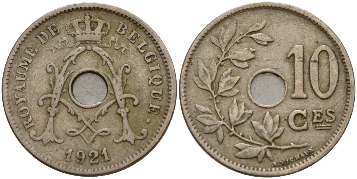 Бельгия 10 сантимов 1921 Royaume de Belgique KM 85 медно-никель 4187-934