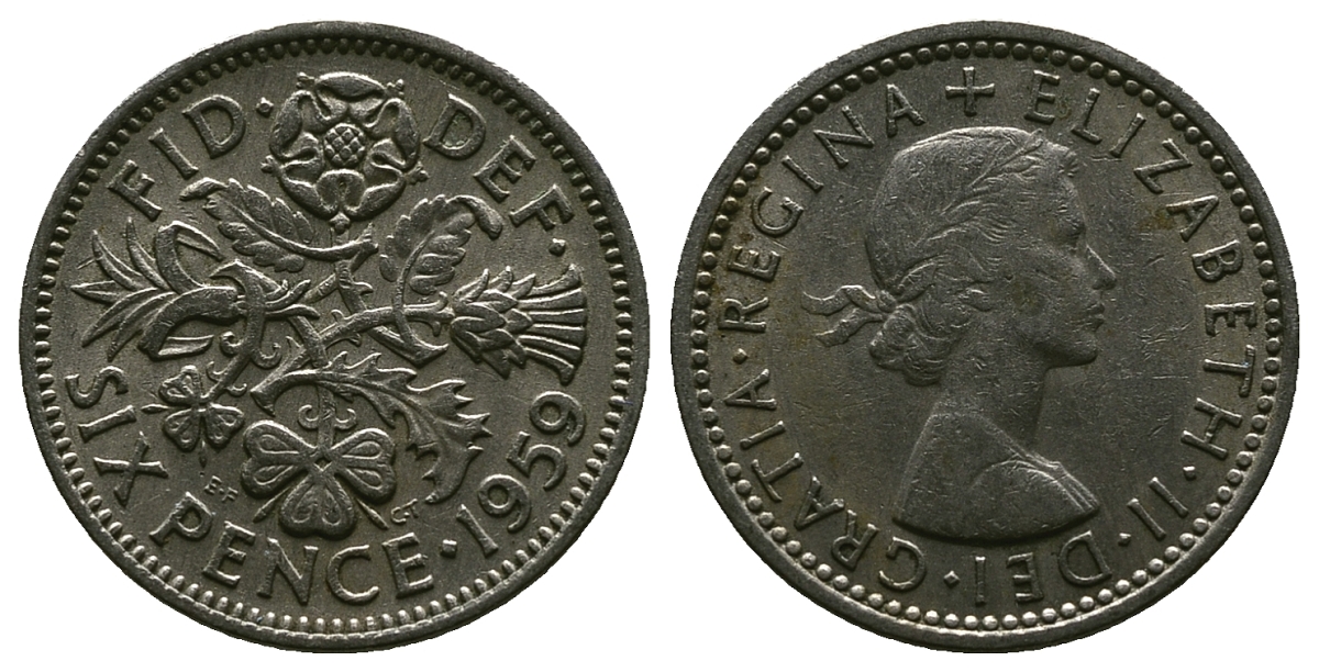 Великобритания 6 пенсов 1959 Елизавета II (1952-2022) KM 903, Spink 4149 медно-никель 4381-717