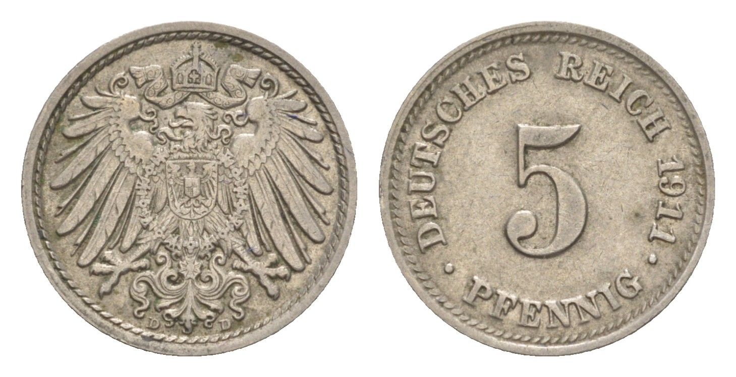 Германия 5 пфеннигов 1911 D, Вильгельм II (1888-1918) KM 11, J. 12 медно-никель 4640-134