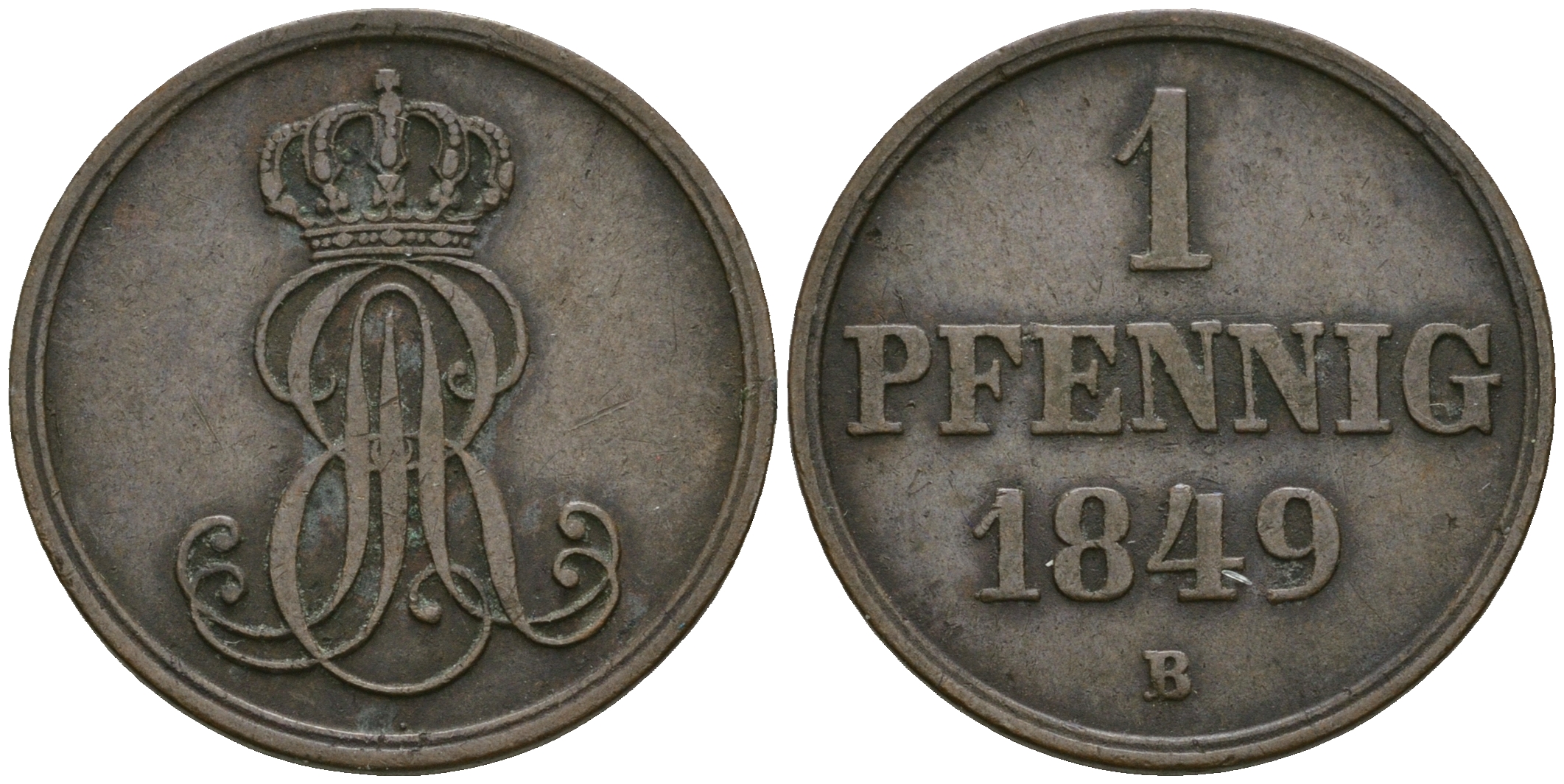 Ганновер 1 пфенниг 1849 B, Эрнст Август (1837-1851) KM 201.1, AKS 129, J. 74 медь 4608-1032