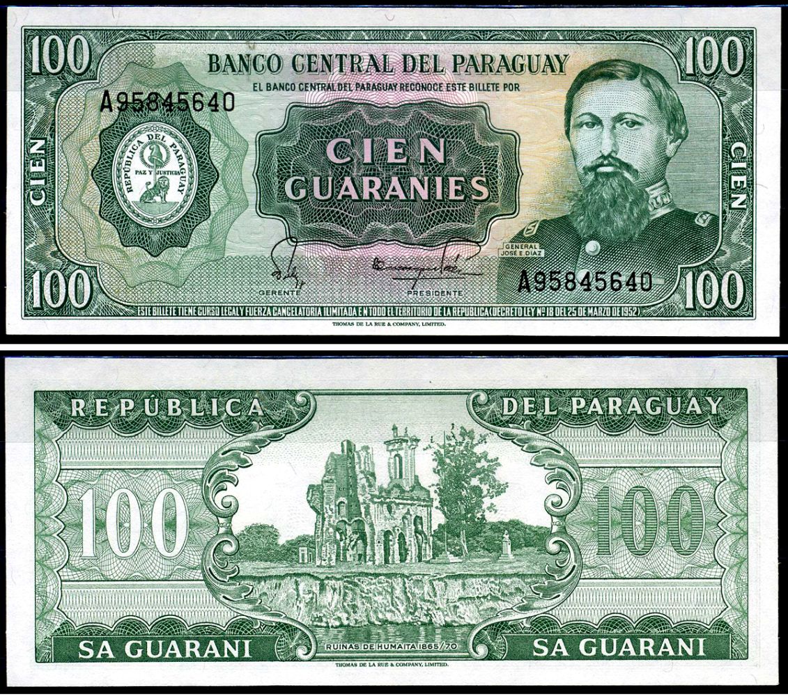 Парагвай 100 гуарани 1952 Центральный банк Парагвая, Хосе Эдувихис Диас Pick 199 b бумага UNC (пресс) 7183-9-1-2
