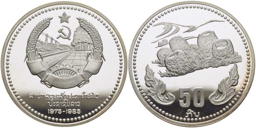 Лаос 50 кипов 1985 10 лет образованию Народно-Демократической Республики, Долина Кувшинов KM 28 серебро PROOF 1078-8-23