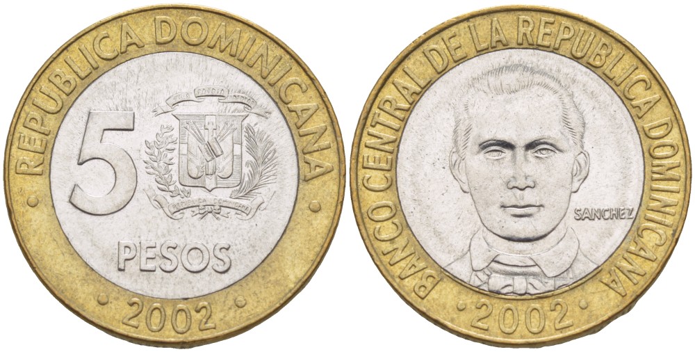 Доминиканская республика 5 песо 2002 Санчес KM 89 биметалл 4541-1116