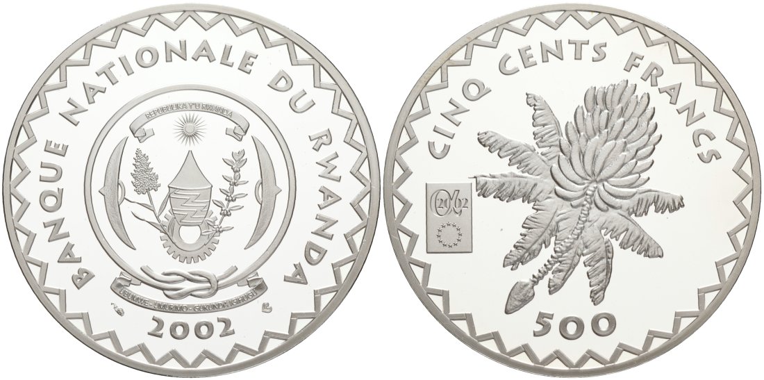 Руанда 500 франков 2002 цветок, тираж 500 экземпляров KM 30 серебро PROOF 00-000-00