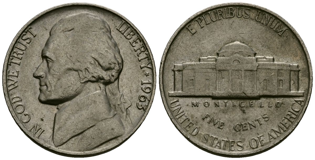 США 5 центов 1963 Джефферсон KM A192 медно-никель 4135-443