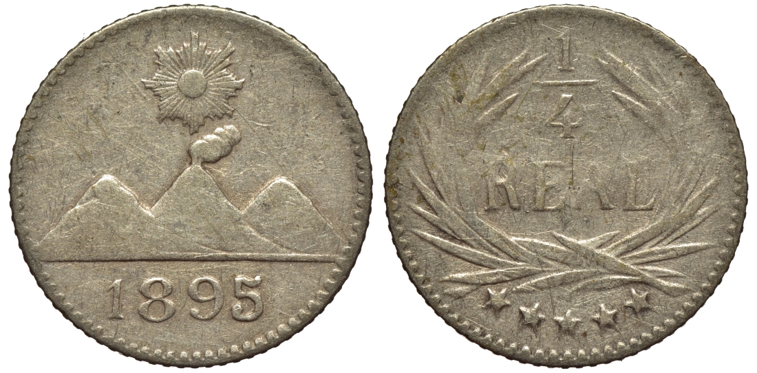 Гватемала 1/4 реала 1895 5 звезд, Испанское правление KM 162 серебро 4549-934