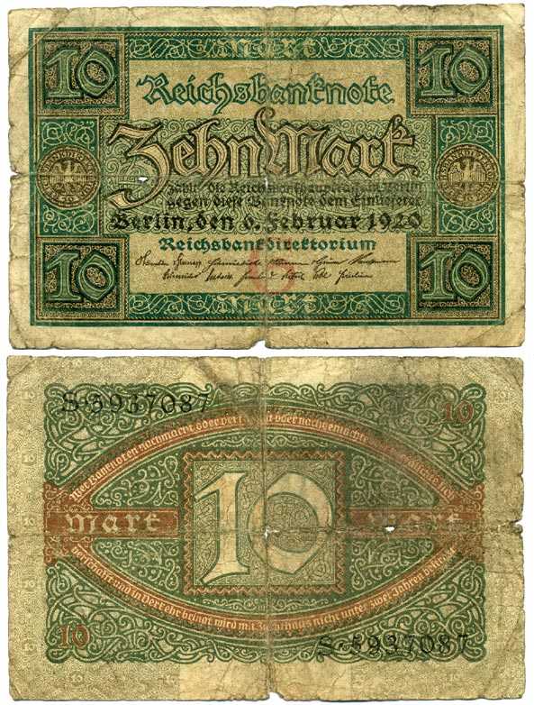 ГЕРМАНИЯ 10 МАРОК 1920 6 ФЕВРАЛЯ 1920, БУКВА G, СЕРИЯ S, СЕМЬ ЦИФР В НОМЕРЕ СЕРИИ Pick 67a, Rosenberg 63а бумага 8592-26-2-2