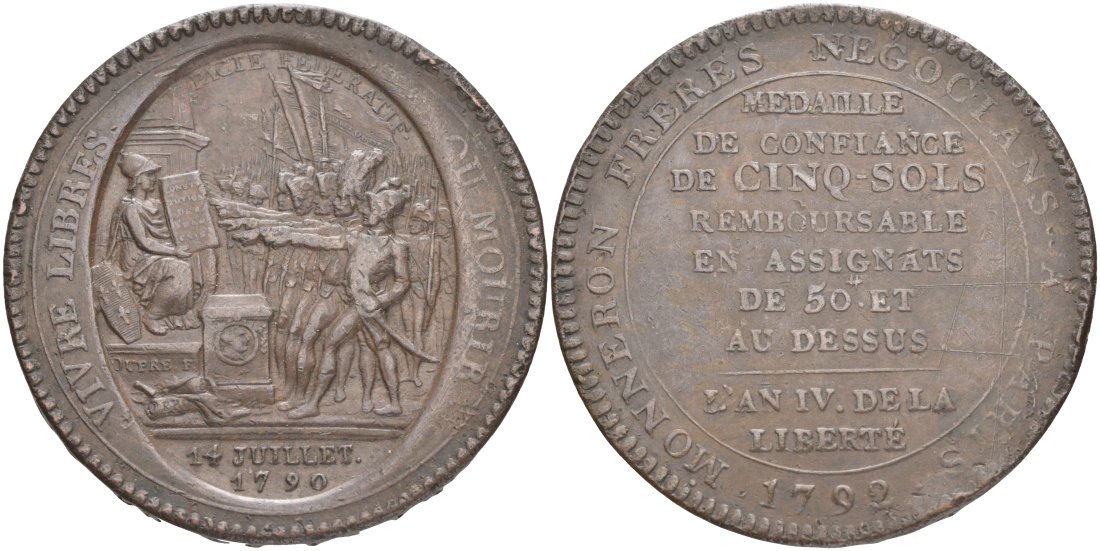Франция 5 солей (су) 1792 LAN 4, революции, токен, VIVRE LIBRAS OU MOURIR ("Жить свободным или умереть", MONNERON FRERES NEGOCIANS A PARIS (Торговцы братья Моннерон. Париж). KM Tn31, Guilloteau 291, Mazard 145 бронза 4552-1013