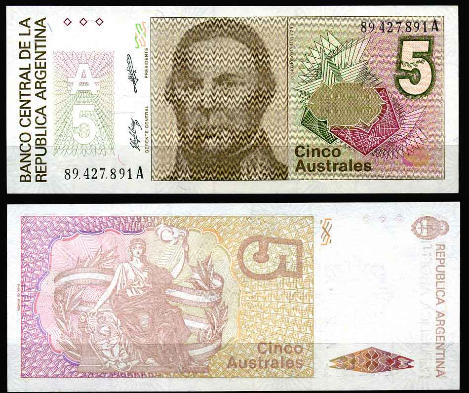 Аргентина 5 аустралей 1986 серия А 89427, Хосе де Уркиса, Президент Аргентинской Конфедерации (1854-1860) Pick 324 b бумага UNC (пресс)   447-3-3