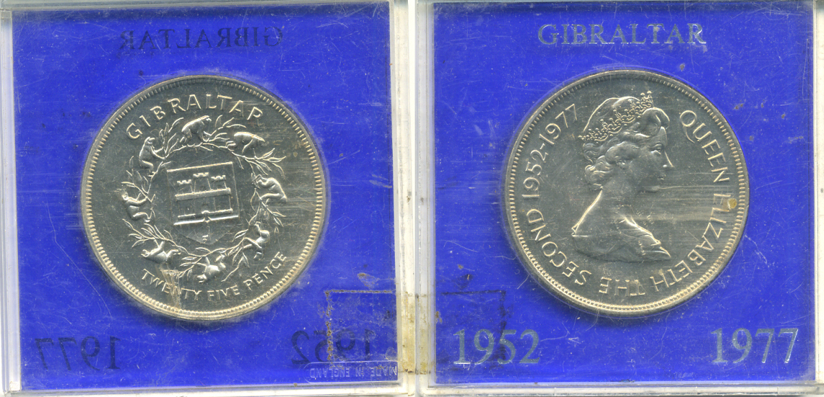 Гибралтар 25 пенсов 1977 25 лет правления Елизаветы II (1952-1977), в оригинальной коробке KM 10 медно-никель UNC 1-4-4-22