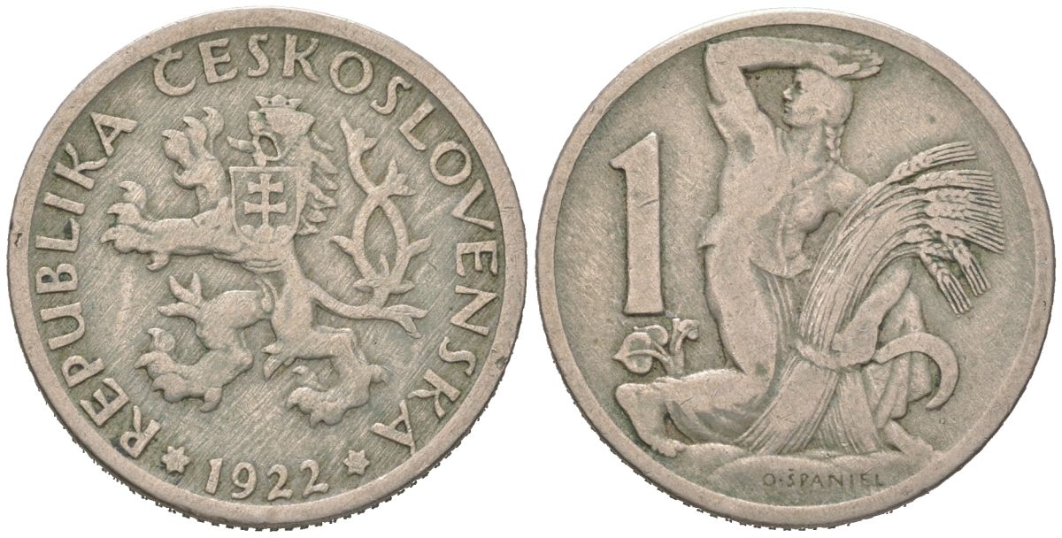 Чехословакия 1 крона 1922 женщина со снопом и серпом KM 4 медно-никель 190-744