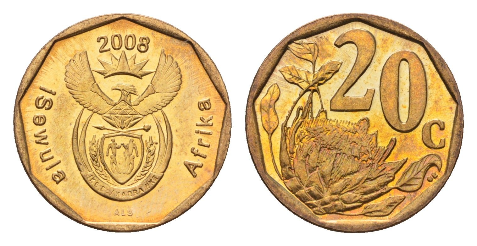 ЮАР 20 центов 2008 герб, цветок протея KM 442 сталь плакированная бронзой UNC 4687-629