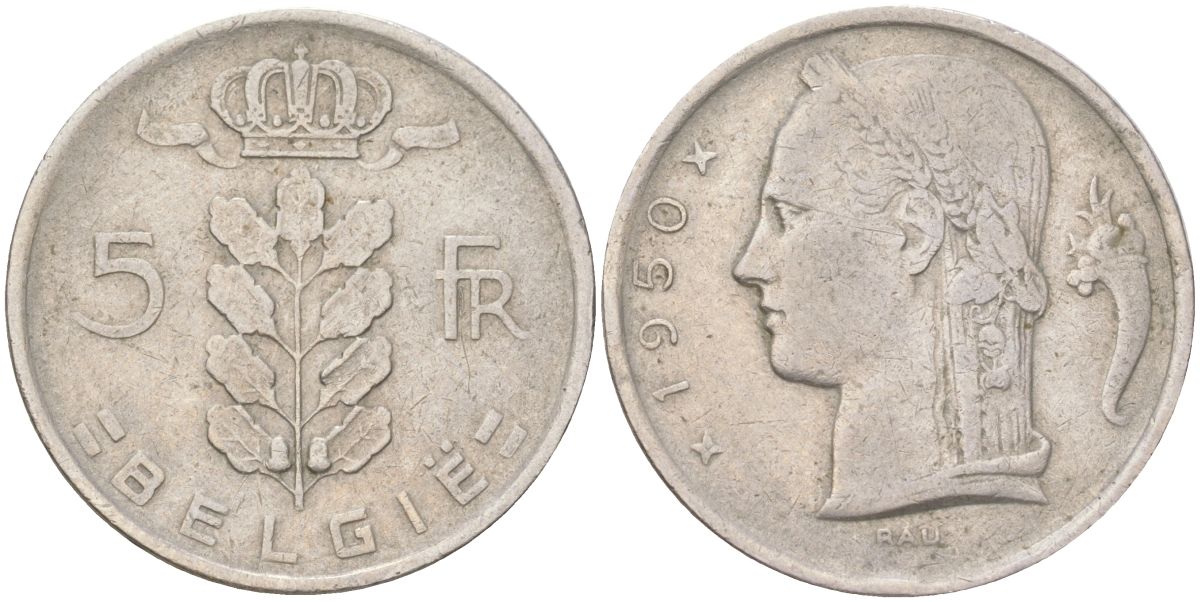 Бельгия 5 франков 1950 Belgique, Леопольд III (1934-1951) KM 135 медно-никель 4159-651