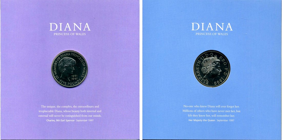 Великобритания 5 фунтов 1999 Елизавета II (1952-2022), в память о принцессе Диане (1961-1997), в оригинальном картонном буклете KM 997, Spink 4551 (L6) медно-никель BUNC 00-00