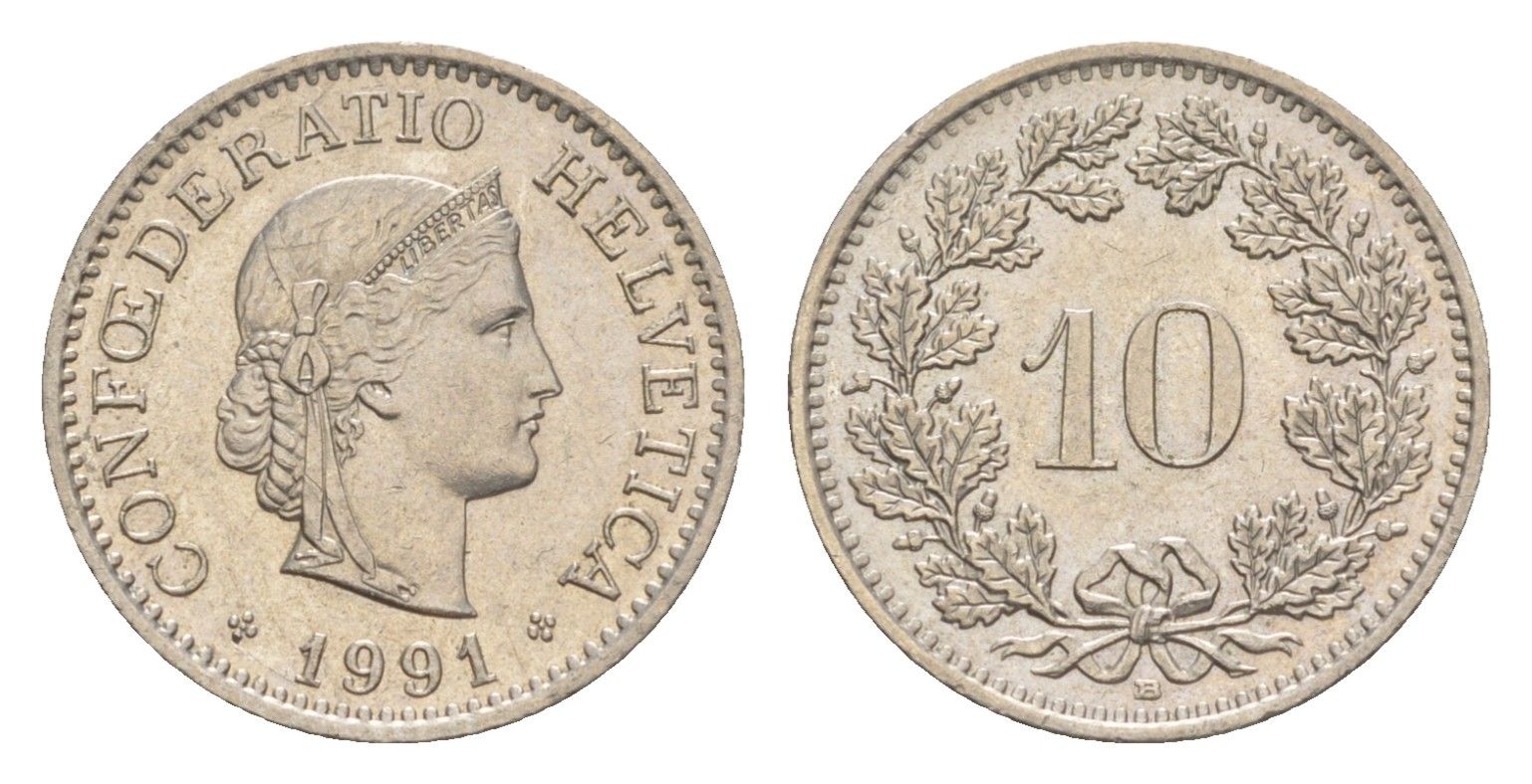Швейцария 10 раппенов 1991 B KM 27 медно-никель 4625-824