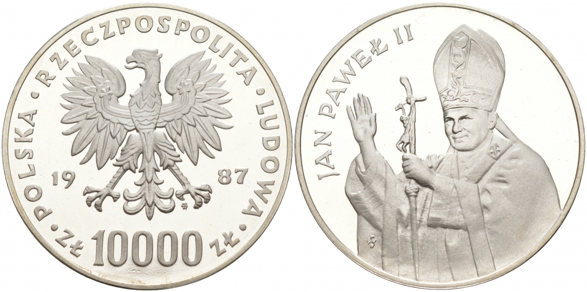 Польша 10000 злотых 1987 MW, визит папы Иоанна Павла II в Польшу, тираж 15000 экз. KM 164, Parchimowicz 364b серебро PROOF 1091-2-42