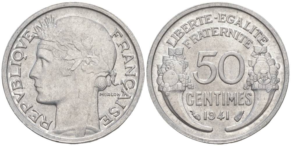 ФРАНЦИЯ 50 САНТИМОВ 1941 ТИП MORLON LOURDE KM 894.1a, LE FRANC 193.2 алюминий 44-216