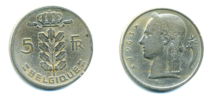 БЕЛЬГИЯ 5 ФРАНКОВ 1963 BELGIQUE KM 134.1 медно-никель 59-1633