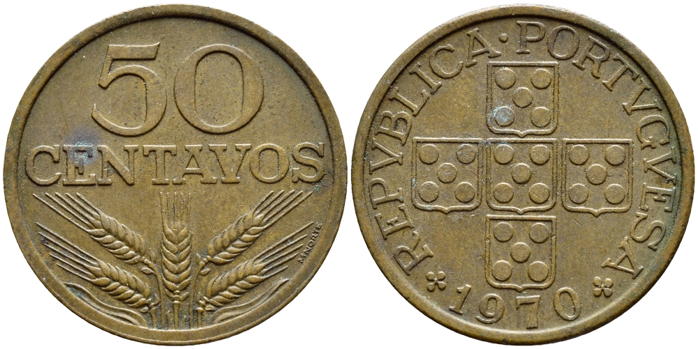 Португалия 50 сентаво 1970 KM 596 бронза 4395-836