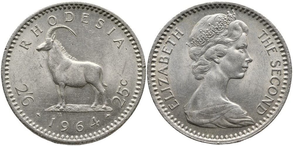 Британская Родезия 2 шиллинга 6 пенсов (25 центов) 1964 Елизавета II (1953-), черная антилопа KM 4 медно-никель 4527-1123