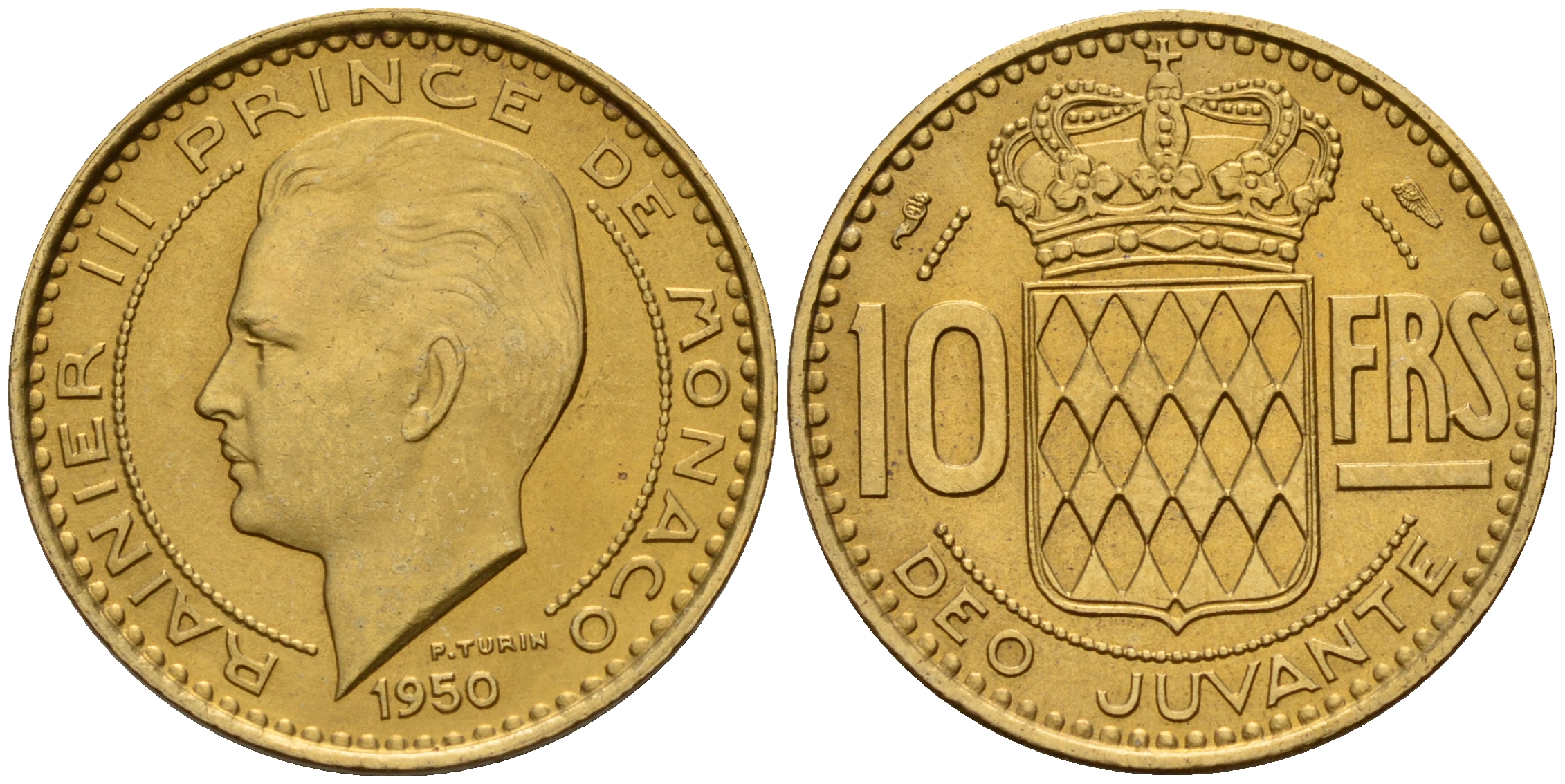 Монако 10 франков 1950 Ренье III (1949-2005) KM 130 алюминиевая бронза  UNC  4601-957