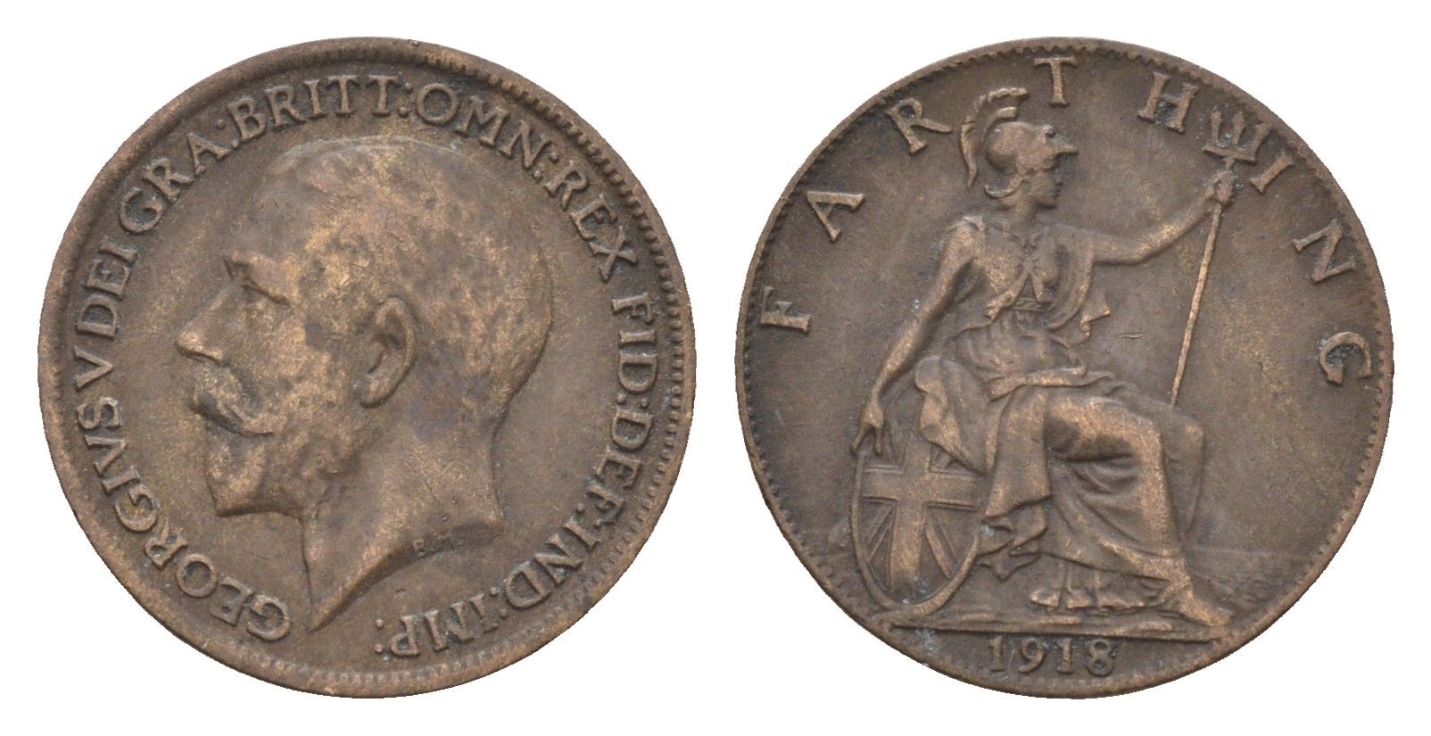 Великобритания 1 фартинг 1918 Георг V (1910-1936) KM 808.1, Spink 4059 бронза 4664-246