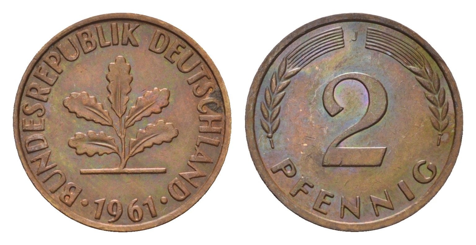 ФРГ 2 пфеннига 1961 J KM 106, J. 381 бронза 4576-1063