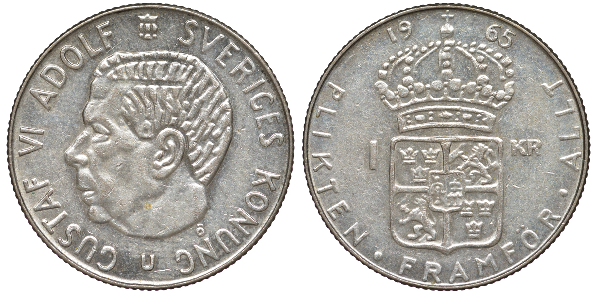 Швеция 1 крона 1965 U, Густав VI Адольф (1950-1973) KM 826 серебро 4178-457