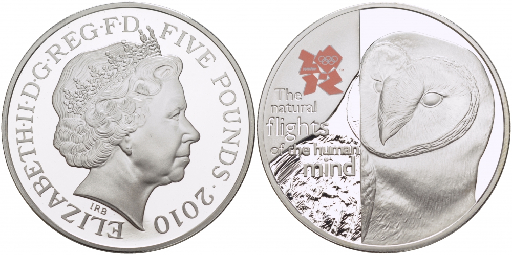 Великобритания 5 фунтов 2010 Елизавета II (1952-2022), XXX летние Олимпийские Игры в Лондоне в 2012, Британская фауна KM 1156, Spink LO46 серебро PROOF 00-00