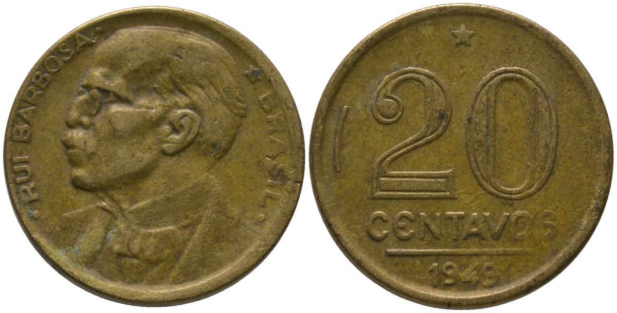 Бразилия 20 сентаво 1949 Руй Барбоза ди Оливейра KM 562, Schon 65 алюминиевая бронза 4567-837