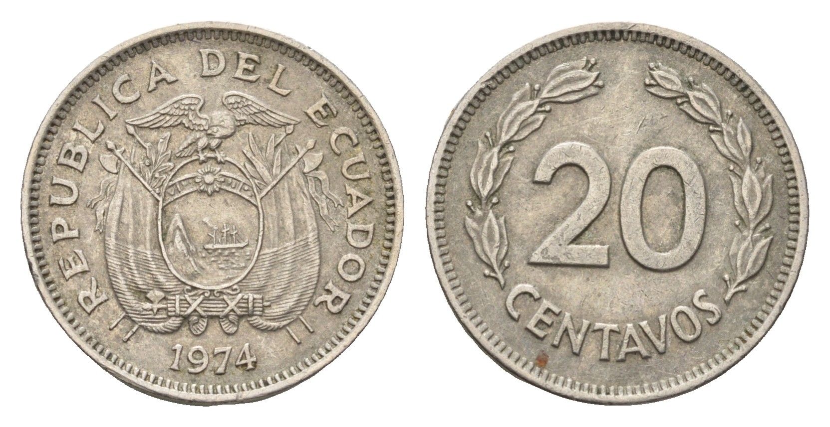 Эквадор 20 сентаво 1974 год-тип KM 77.2 медно-никель 4579-252