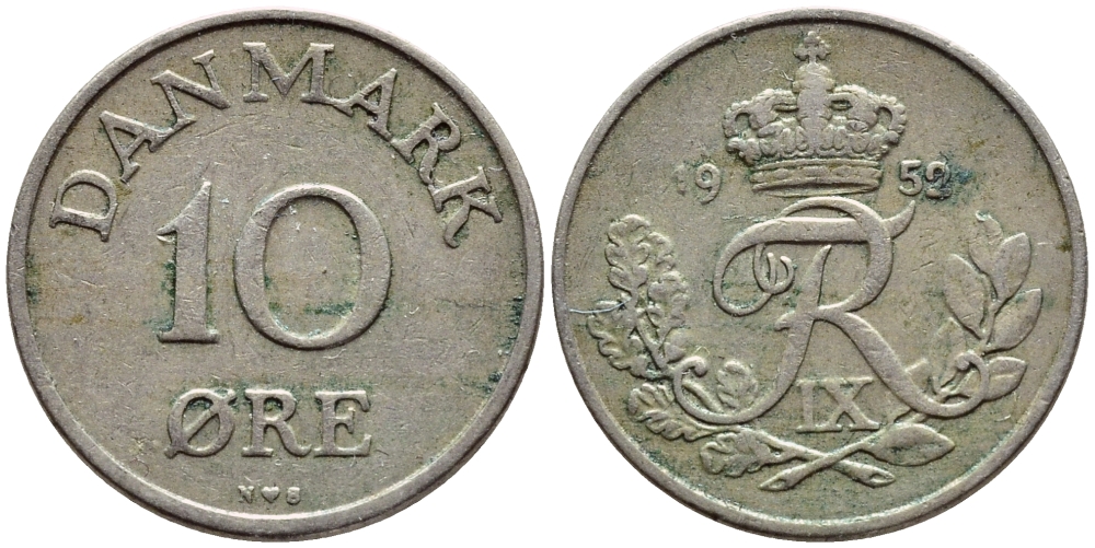 ДАНИЯ 10 ЭРЕ 1952 N; S, ФРЕДЕРИК IX (1947-1972) KM 841.1 медно-никель 4398-915