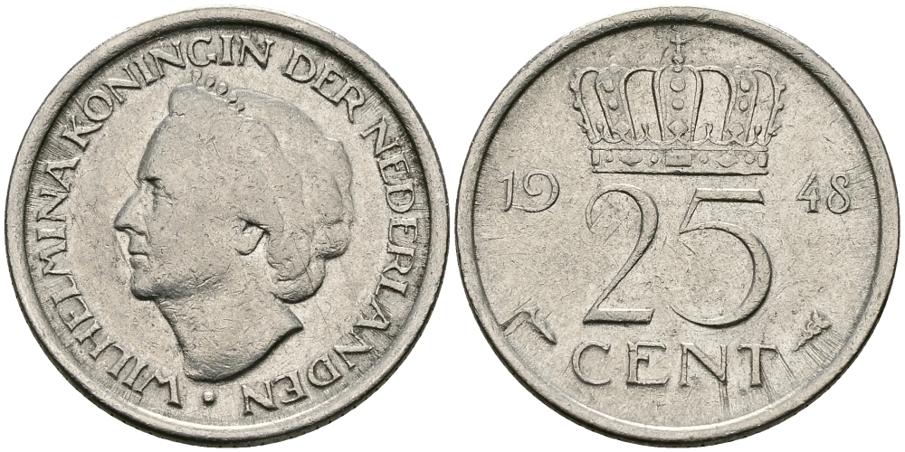НИДЕРЛАНДЫ 25 ЦЕНТОВ 1948 ВИЛЬГЕЛЬМИНА KM 178 никель 176-864