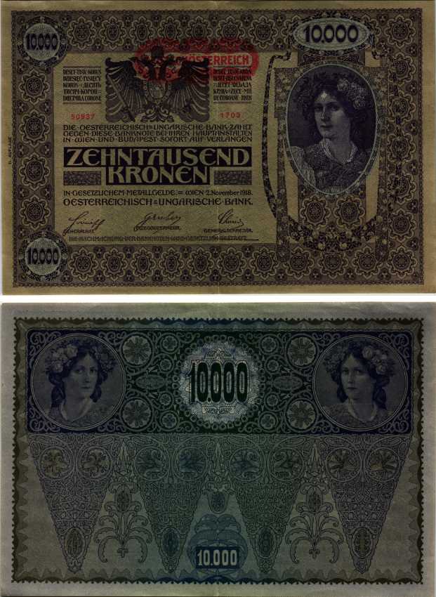 АВСТРИЯ 10000 КРОН 1919 КРАСНАЯ ГОРИЗОНТАЛЬНАЯ НАДПЕЧАТКА НА 1918, II AUFLAGE Pick 66 бумага 8607-8-1