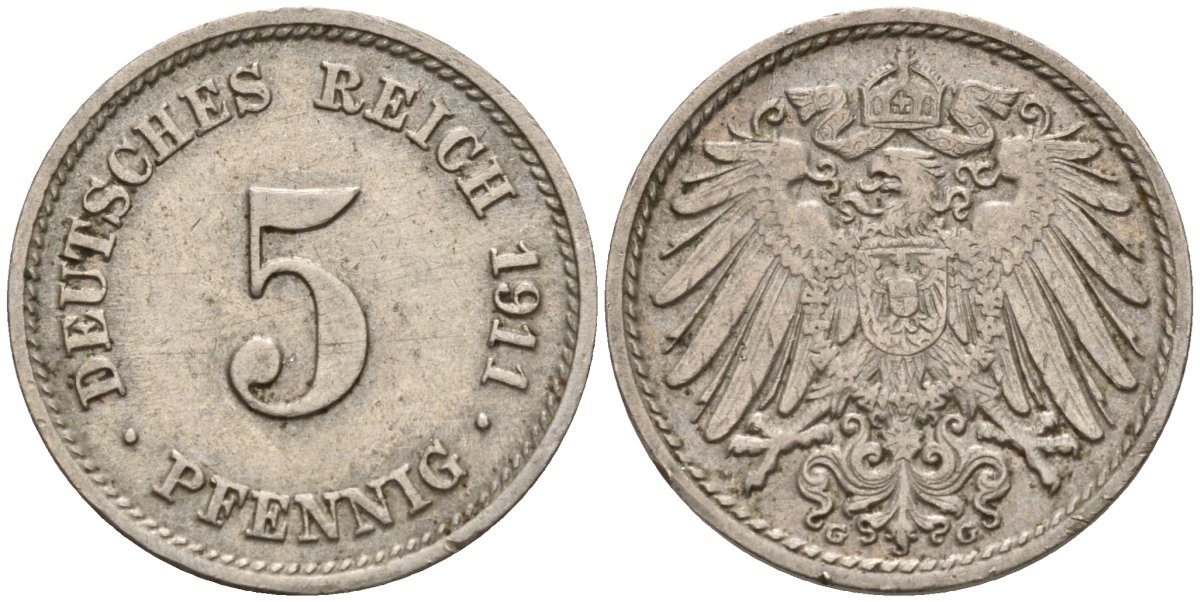 Германия 5 пфеннигов 1911 G KM 11, Jager 12, Weege 6 медно-никель 4151-529