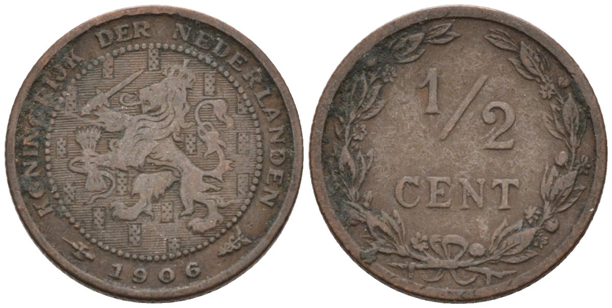 Нидерланды 1/2 цента 1906 Вильгельмина (1890-1948) KM 133 бронза 4576-326