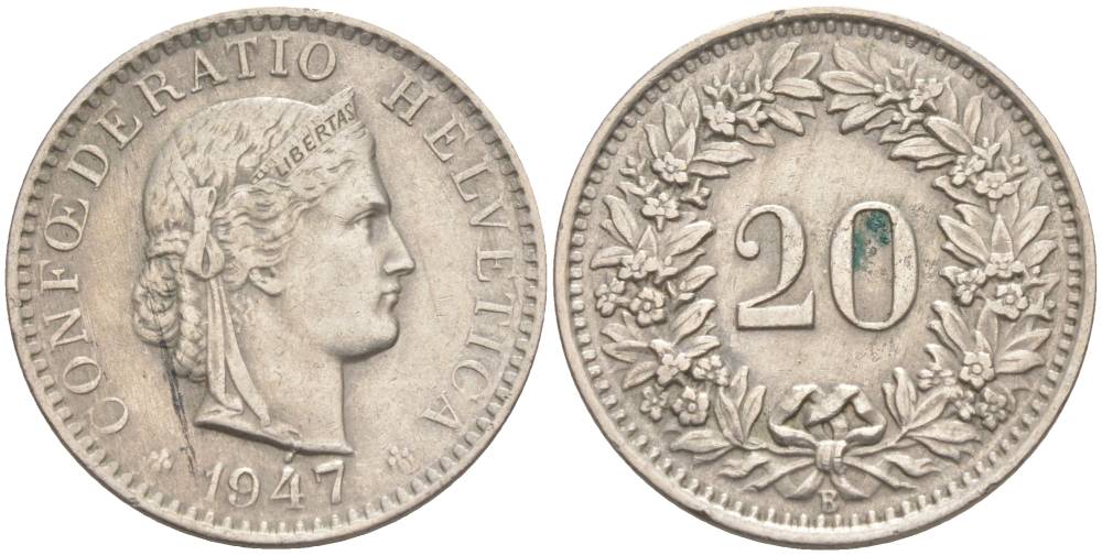 ШВЕЙЦАРИЯ 20 РАППЕНОВ 1947 В KM 29a медно-никель 55-723
