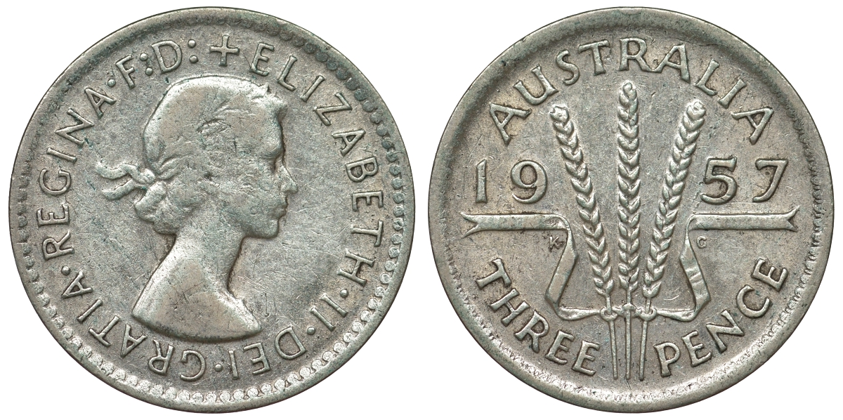 Австралия 3 пенса 1957 m, Елизавета II (1952-2022) KM 57 серебро 71-466