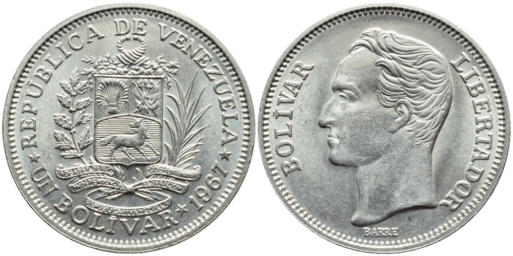 Венесуэла 1 боливар 1967 Симон Боливар KM 42 никель 51-437